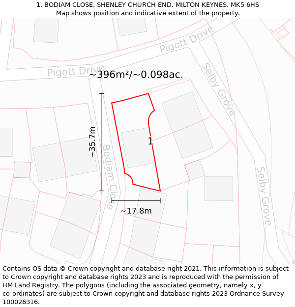 1, BODIAM CLOSE, SHENLEY CHURCH END, MILTON KEYNES, MK5 6HS: Plot and title map