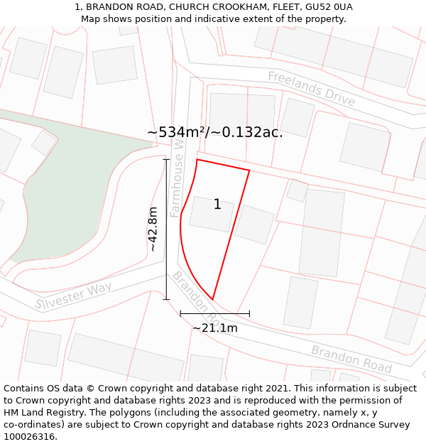 1, BRANDON ROAD, CHURCH CROOKHAM, FLEET, GU52 0UA: Plot and title map