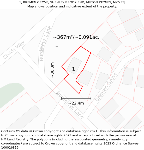 1, BREMEN GROVE, SHENLEY BROOK END, MILTON KEYNES, MK5 7FJ: Plot and title map