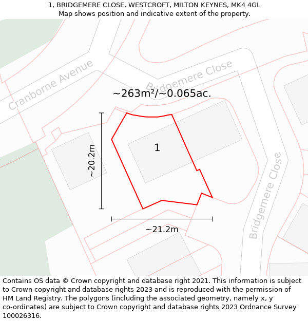 1, BRIDGEMERE CLOSE, WESTCROFT, MILTON KEYNES, MK4 4GL: Plot and title map