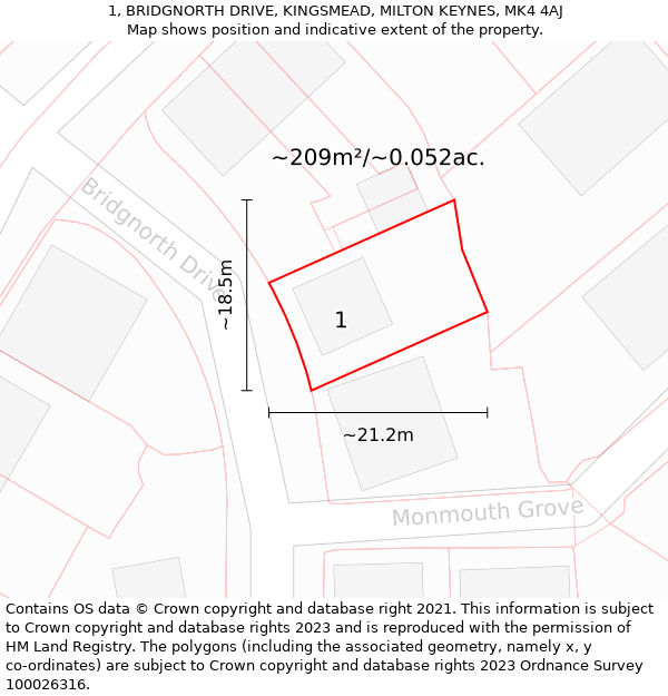 1, BRIDGNORTH DRIVE, KINGSMEAD, MILTON KEYNES, MK4 4AJ: Plot and title map