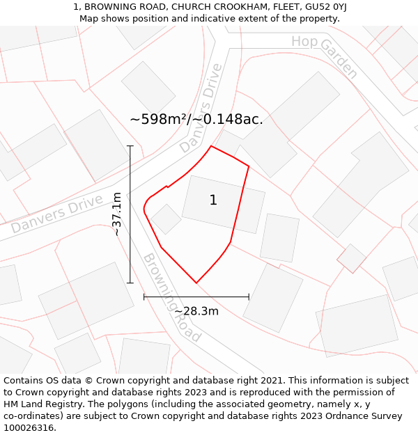 1, BROWNING ROAD, CHURCH CROOKHAM, FLEET, GU52 0YJ: Plot and title map