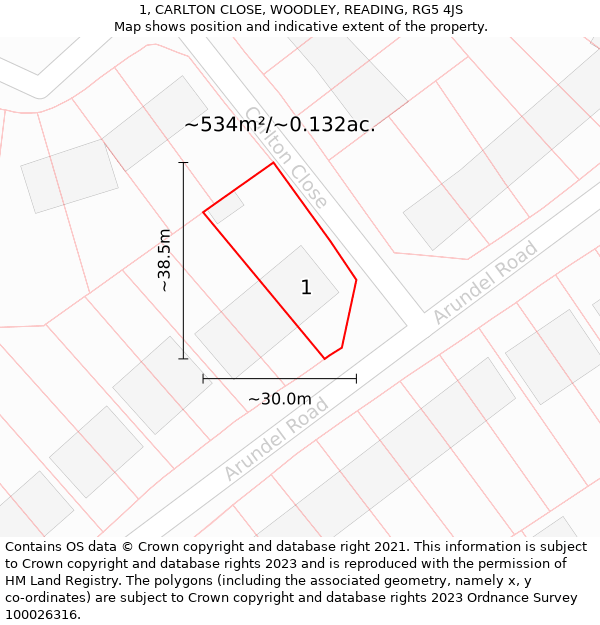 1, CARLTON CLOSE, WOODLEY, READING, RG5 4JS: Plot and title map