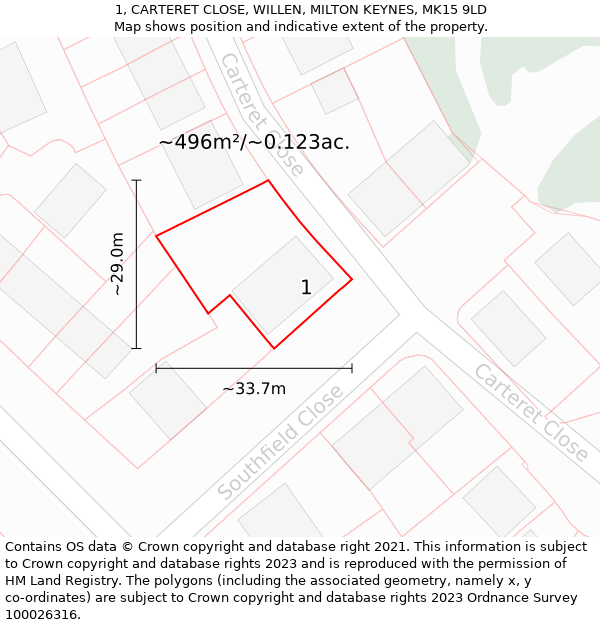 1, CARTERET CLOSE, WILLEN, MILTON KEYNES, MK15 9LD: Plot and title map