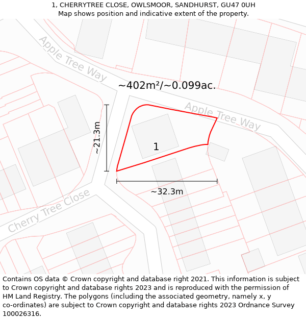 1, CHERRYTREE CLOSE, OWLSMOOR, SANDHURST, GU47 0UH: Plot and title map