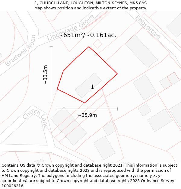 1, CHURCH LANE, LOUGHTON, MILTON KEYNES, MK5 8AS: Plot and title map