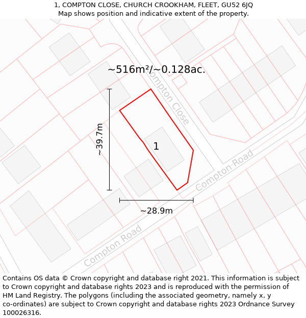 1, COMPTON CLOSE, CHURCH CROOKHAM, FLEET, GU52 6JQ: Plot and title map