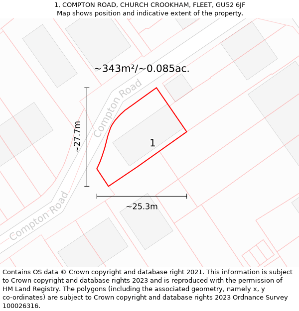 1, COMPTON ROAD, CHURCH CROOKHAM, FLEET, GU52 6JF: Plot and title map