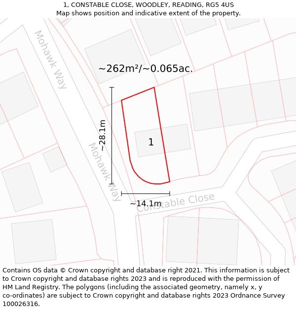 1, CONSTABLE CLOSE, WOODLEY, READING, RG5 4US: Plot and title map