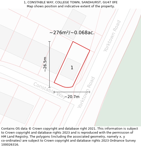 1, CONSTABLE WAY, COLLEGE TOWN, SANDHURST, GU47 0FE: Plot and title map