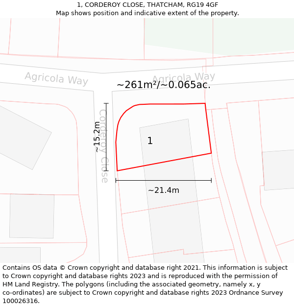 1, CORDEROY CLOSE, THATCHAM, RG19 4GF: Plot and title map