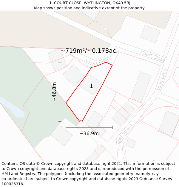 1, COURT CLOSE, WATLINGTON, OX49 5BJ: Plot and title map