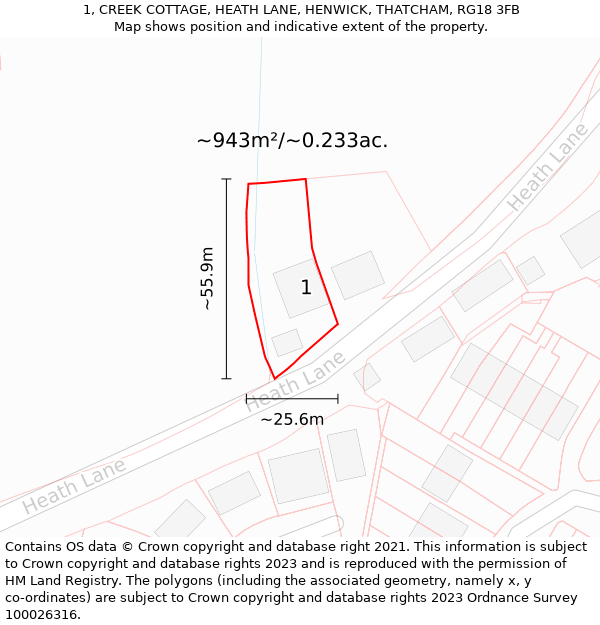 1, CREEK COTTAGE, HEATH LANE, HENWICK, THATCHAM, RG18 3FB: Plot and title map