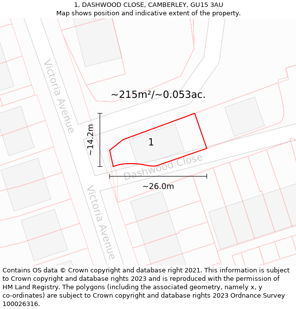 1, DASHWOOD CLOSE, CAMBERLEY, GU15 3AU: Plot and title map