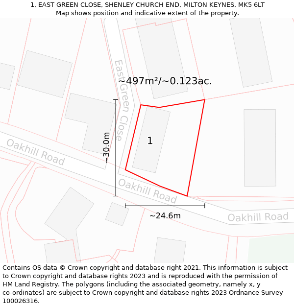 1, EAST GREEN CLOSE, SHENLEY CHURCH END, MILTON KEYNES, MK5 6LT: Plot and title map