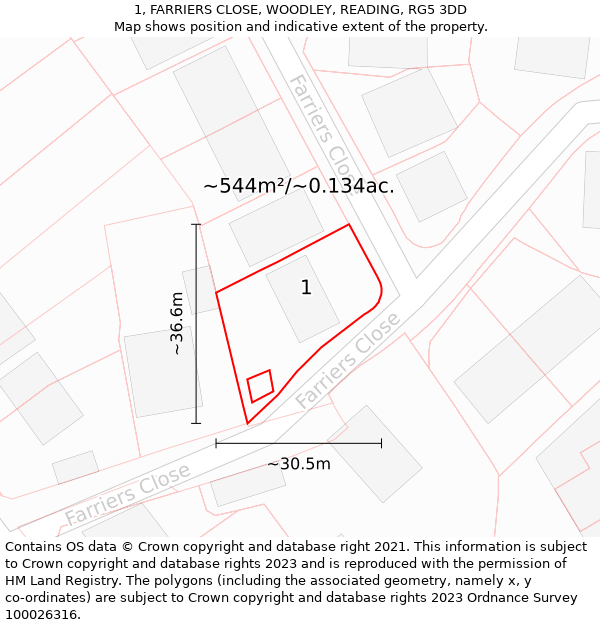 1, FARRIERS CLOSE, WOODLEY, READING, RG5 3DD: Plot and title map