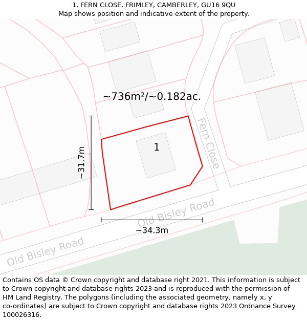 1, FERN CLOSE, FRIMLEY, CAMBERLEY, GU16 9QU: Plot and title map