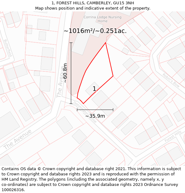 1, FOREST HILLS, CAMBERLEY, GU15 3NH: Plot and title map