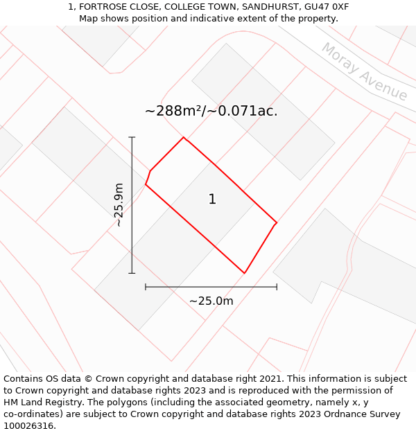 1, FORTROSE CLOSE, COLLEGE TOWN, SANDHURST, GU47 0XF: Plot and title map