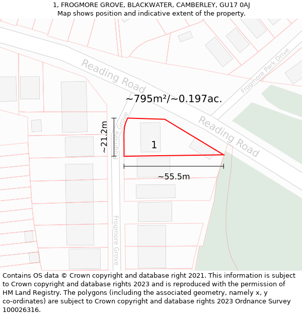 1, FROGMORE GROVE, BLACKWATER, CAMBERLEY, GU17 0AJ: Plot and title map