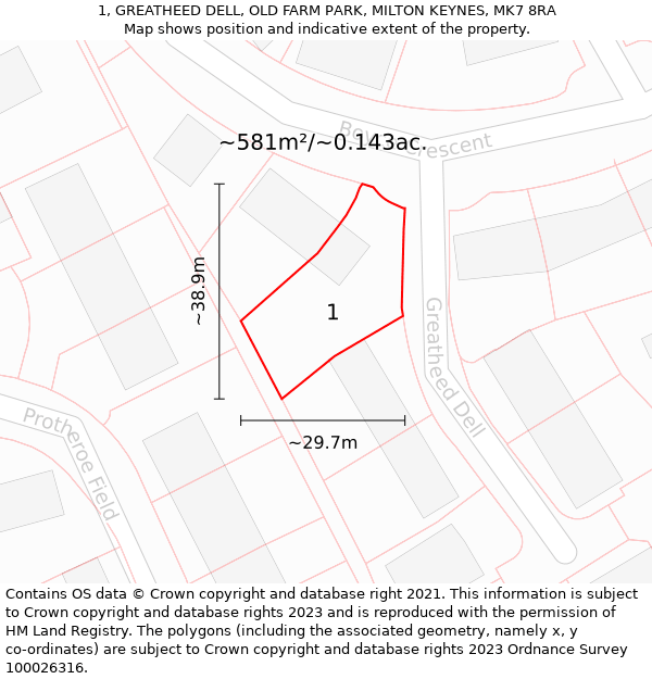 1, GREATHEED DELL, OLD FARM PARK, MILTON KEYNES, MK7 8RA: Plot and title map