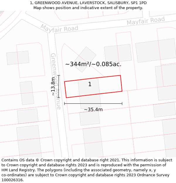 1, GREENWOOD AVENUE, LAVERSTOCK, SALISBURY, SP1 1PD: Plot and title map