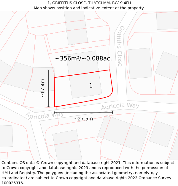 1, GRIFFITHS CLOSE, THATCHAM, RG19 4FH: Plot and title map