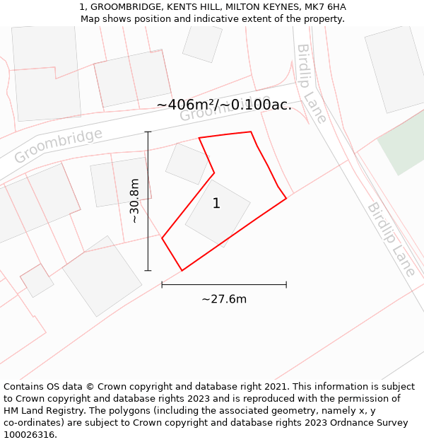 1, GROOMBRIDGE, KENTS HILL, MILTON KEYNES, MK7 6HA: Plot and title map