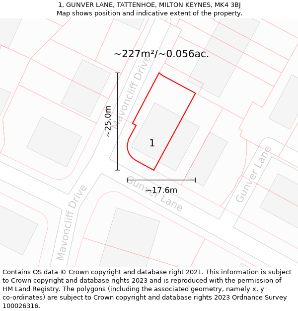 1, GUNVER LANE, TATTENHOE, MILTON KEYNES, MK4 3BJ: Plot and title map