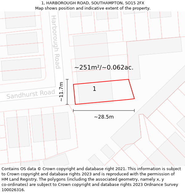 1, HARBOROUGH ROAD, SOUTHAMPTON, SO15 2FX: Plot and title map