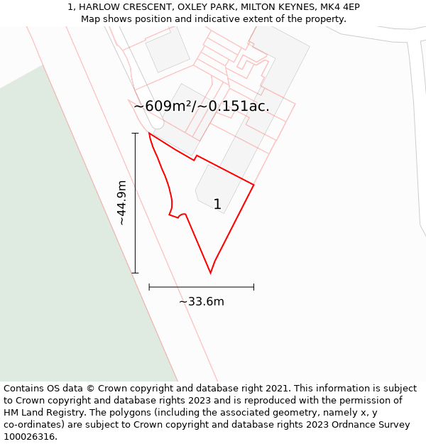 1, HARLOW CRESCENT, OXLEY PARK, MILTON KEYNES, MK4 4EP: Plot and title map