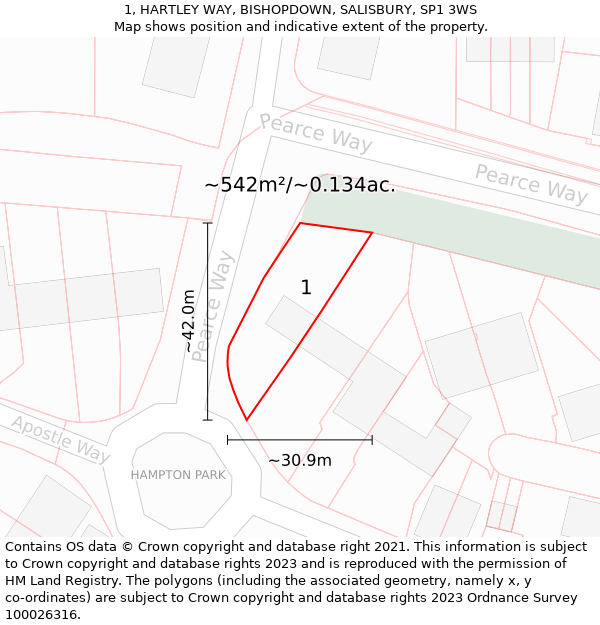 1, HARTLEY WAY, BISHOPDOWN, SALISBURY, SP1 3WS: Plot and title map