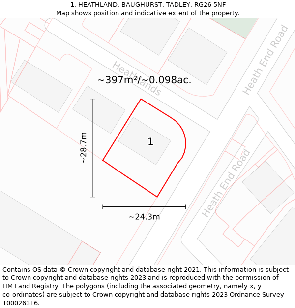 1, HEATHLAND, BAUGHURST, TADLEY, RG26 5NF: Plot and title map