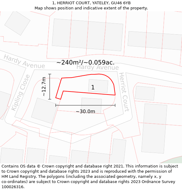 1, HERRIOT COURT, YATELEY, GU46 6YB: Plot and title map