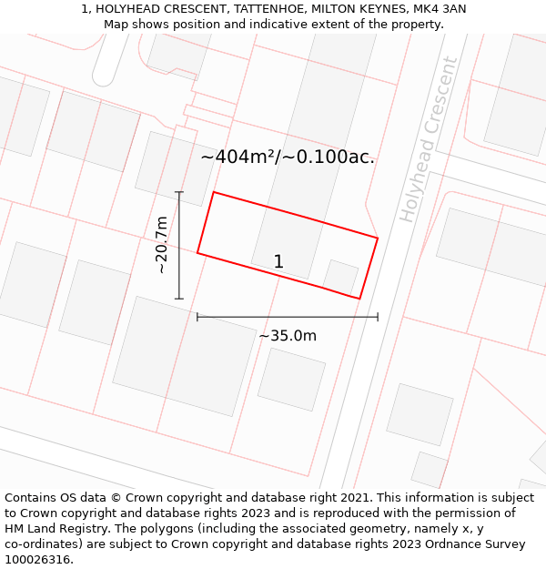 1, HOLYHEAD CRESCENT, TATTENHOE, MILTON KEYNES, MK4 3AN: Plot and title map