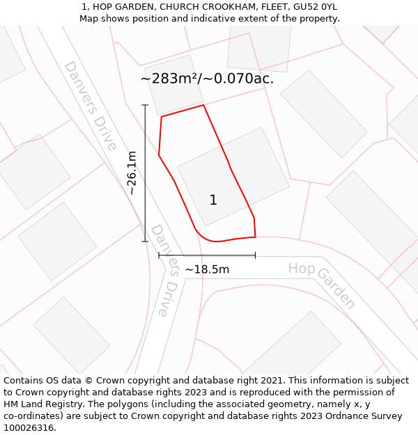 1, HOP GARDEN, CHURCH CROOKHAM, FLEET, GU52 0YL: Plot and title map