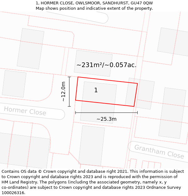 1, HORMER CLOSE, OWLSMOOR, SANDHURST, GU47 0QW: Plot and title map