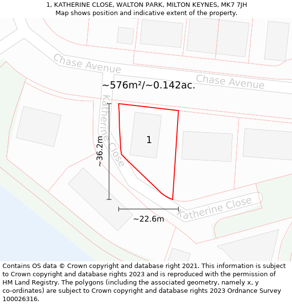 1, KATHERINE CLOSE, WALTON PARK, MILTON KEYNES, MK7 7JH: Plot and title map