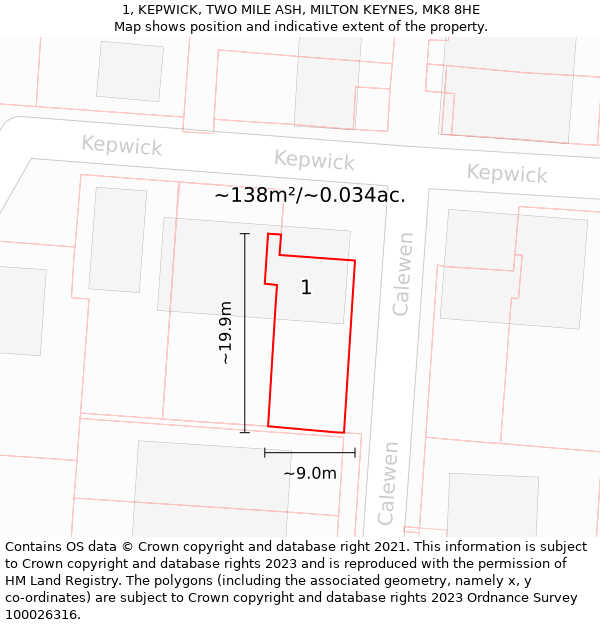 1, KEPWICK, TWO MILE ASH, MILTON KEYNES, MK8 8HE: Plot and title map