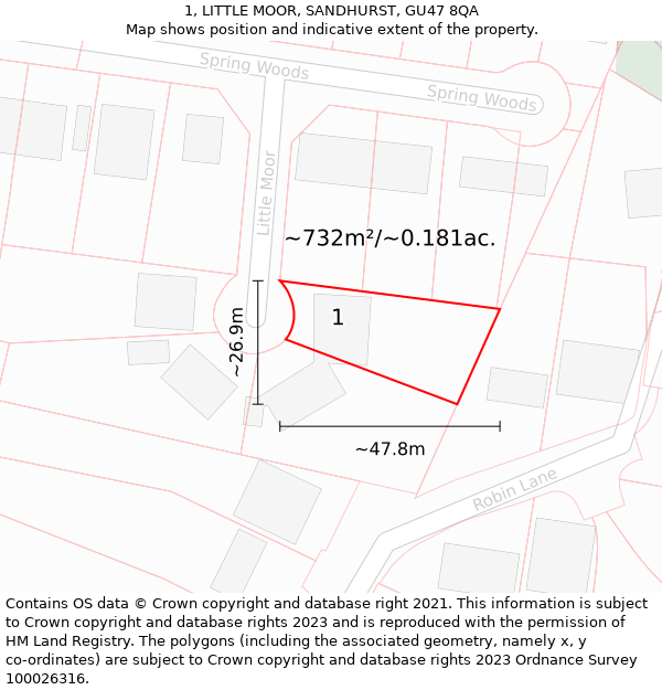 1, LITTLE MOOR, SANDHURST, GU47 8QA: Plot and title map