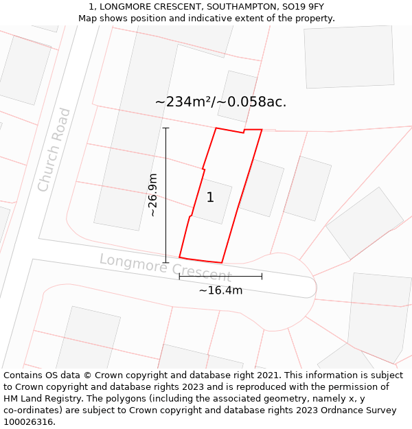 1, LONGMORE CRESCENT, SOUTHAMPTON, SO19 9FY: Plot and title map