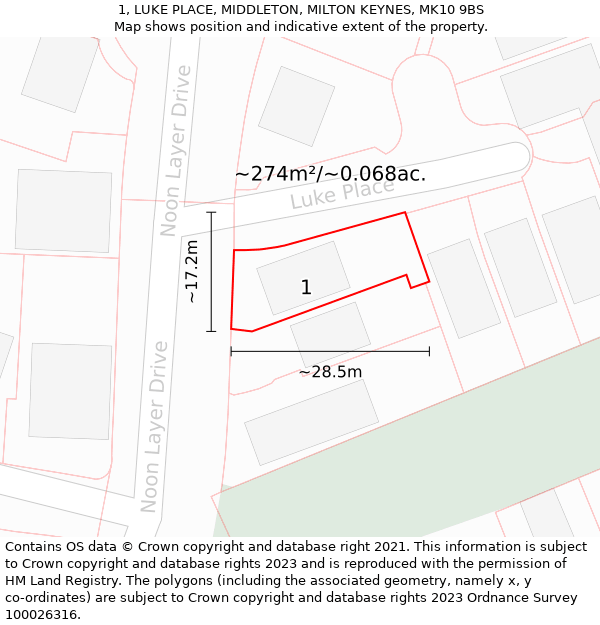 1, LUKE PLACE, MIDDLETON, MILTON KEYNES, MK10 9BS: Plot and title map