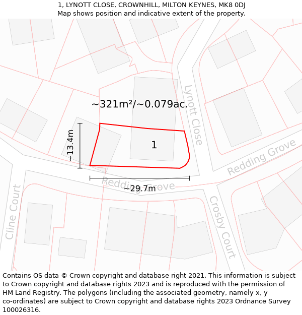 1, LYNOTT CLOSE, CROWNHILL, MILTON KEYNES, MK8 0DJ: Plot and title map