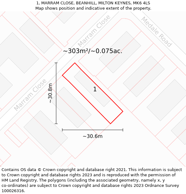 1, MARRAM CLOSE, BEANHILL, MILTON KEYNES, MK6 4LS: Plot and title map
