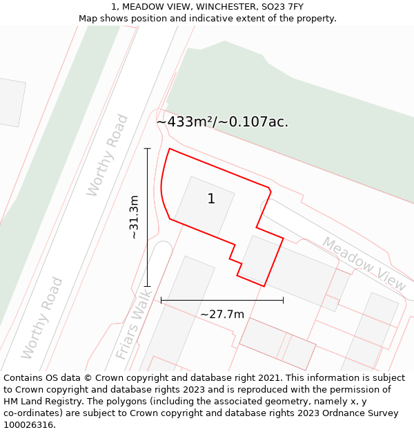 1, MEADOW VIEW, WINCHESTER, SO23 7FY: Plot and title map