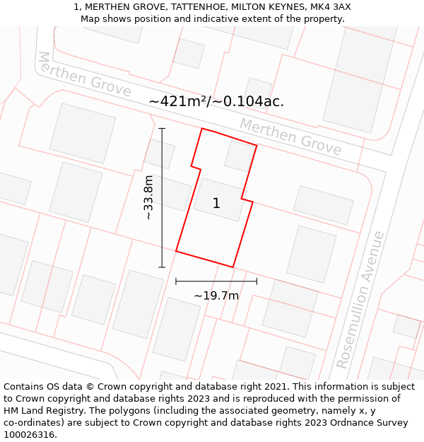 1, MERTHEN GROVE, TATTENHOE, MILTON KEYNES, MK4 3AX: Plot and title map