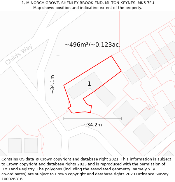 1, MINORCA GROVE, SHENLEY BROOK END, MILTON KEYNES, MK5 7FU: Plot and title map