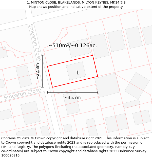 1, MINTON CLOSE, BLAKELANDS, MILTON KEYNES, MK14 5JB: Plot and title map