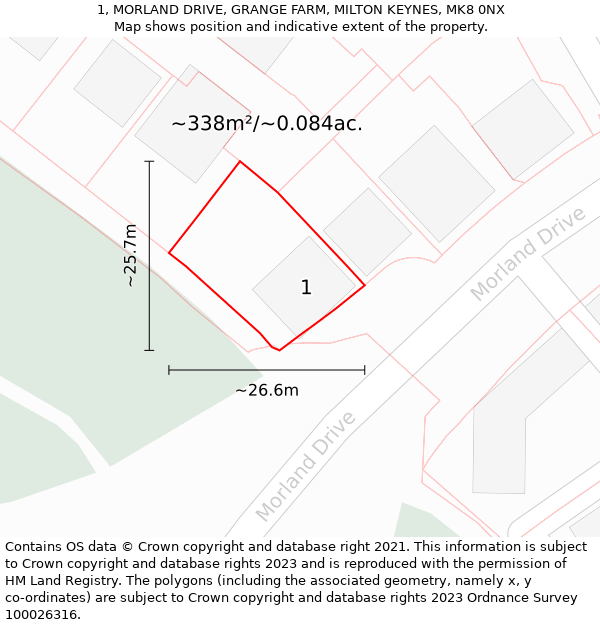 1, MORLAND DRIVE, GRANGE FARM, MILTON KEYNES, MK8 0NX: Plot and title map