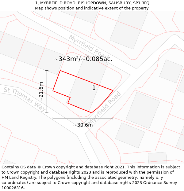 1, MYRRFIELD ROAD, BISHOPDOWN, SALISBURY, SP1 3FQ: Plot and title map